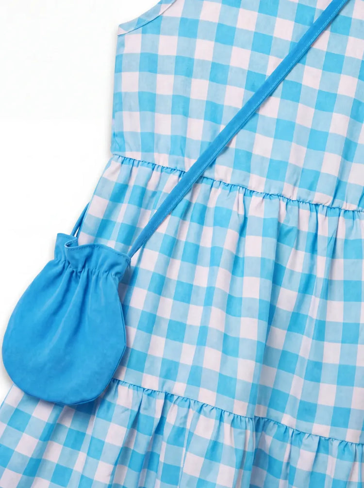 Fresh Market Toddler Girl Checkered Tiered Dress with Bag Blue