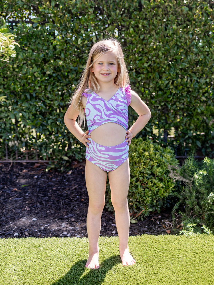 Family Matching Trendy Purple & Blue Wave Print Swim Trunks or Midriff Cutout One-Piece Swimsuit Purple