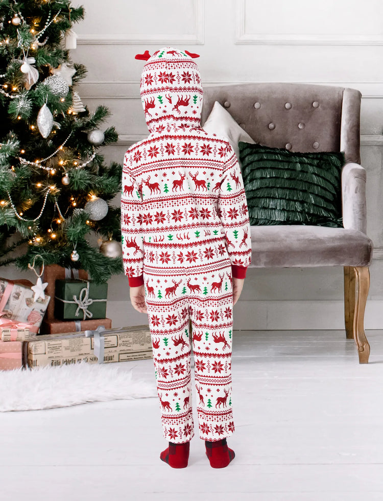 Christmas Matching Family Pajamas Set 3D Reindeer Hooded Allover Snowflake and Reindeer Print Red and White Onesie PJS with Christmas Socks Red+White