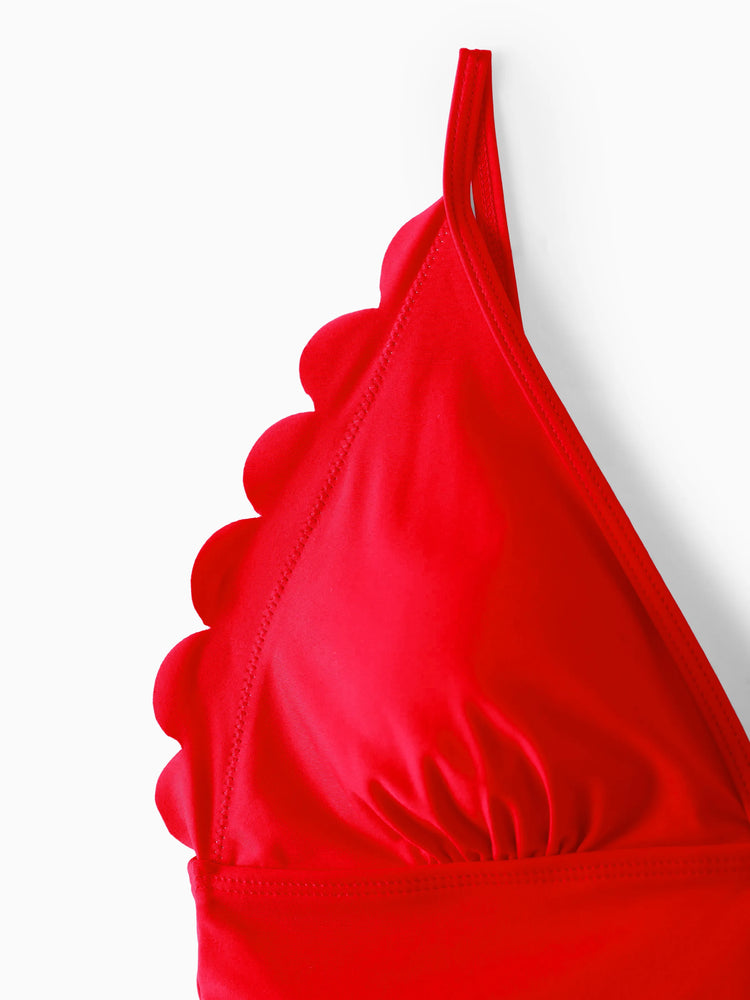 Family Matching Floral Drawstring Swim Trunks or Ruched Shell Edge Bikini with Optional Swim Cover Up Red