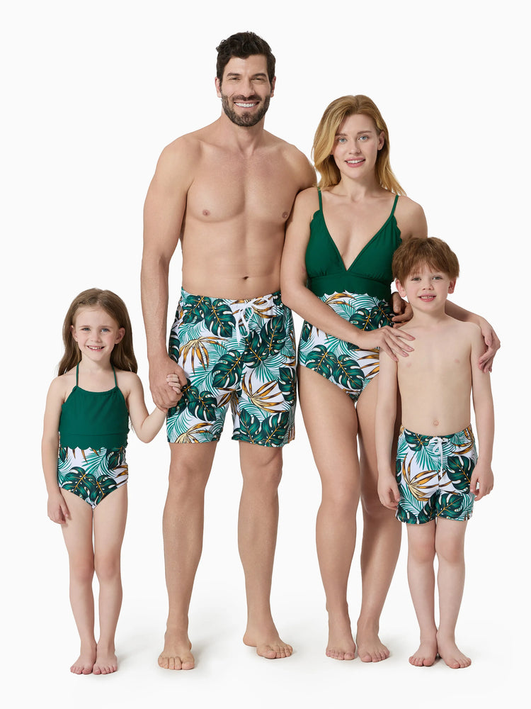 Toddler Girl Allover Plants Print Spaghetti Strap Splicing One-Piece Swimsuit Dark Green