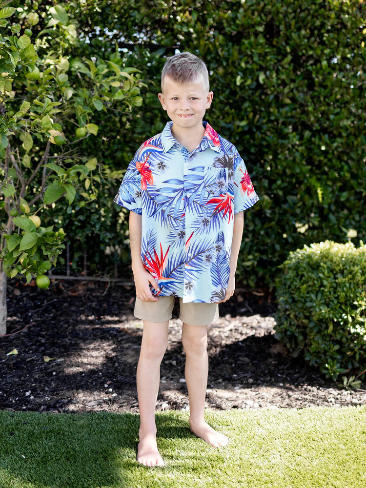 Family Matching Floral Print Short-sleeve Shirt or smocking Strap Dress Light Blue