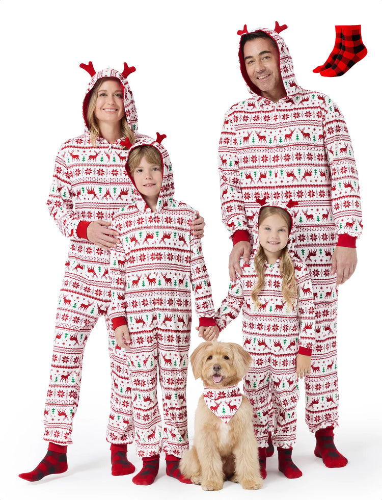 Christmas Matching Family Pajamas Set 3D Reindeer Hooded Allover Snowflake and Reindeer Print Red and White Onesie PJS with Christmas Socks Red+White