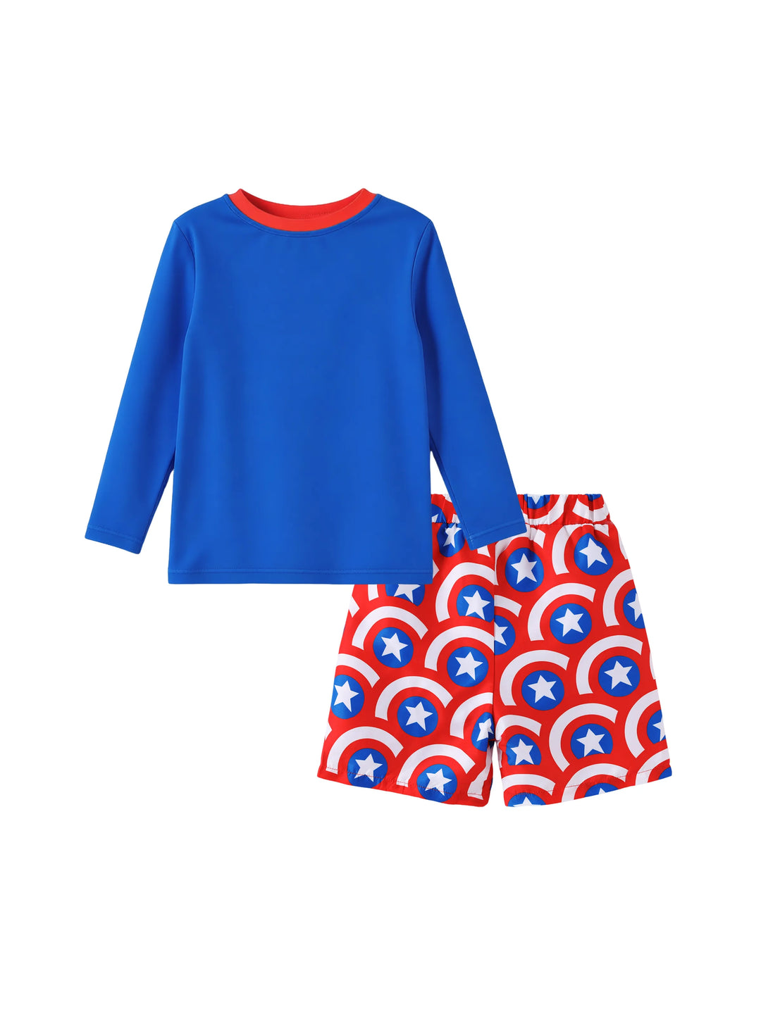 Marvel Kleinkind-/Jungen-2-teiliges Captain America UPF50+ Bade-Set mit Allover-Print – Oberteil und Badehose in Blau.
