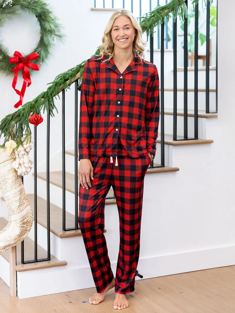 Christmas Matching Family Pajamas Set Allover Red Grid Print Long-sleeve Collared PJS with Christmas Socks Red