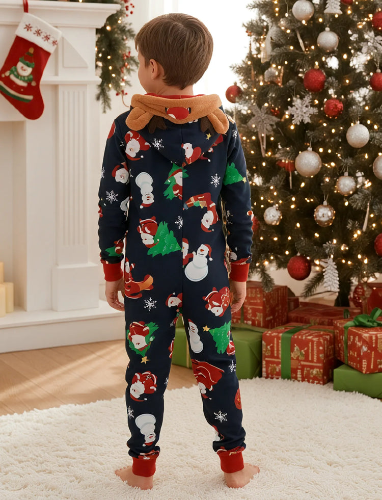 Green Christmas Family Pajamas Sets 3D Reindeer Hooded Santa Allover Print Onesies Pajamas blueblack