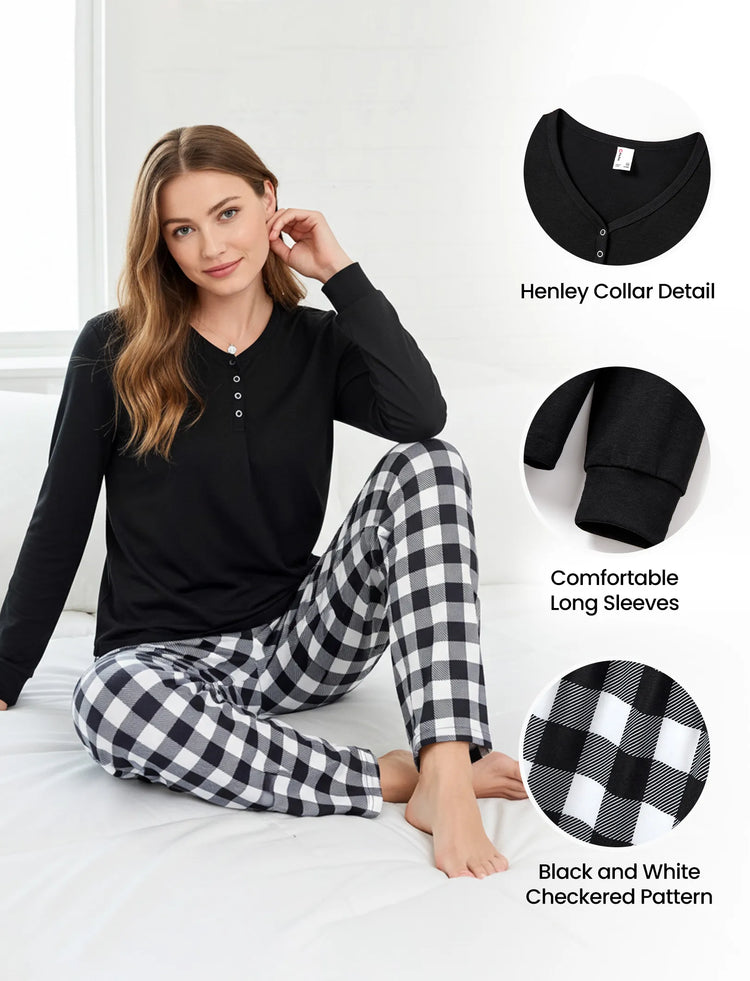 Christmas Matching Family Pajamas Set Allover Black Grid Print Long-sleeve PJS with Christmas Socks Black