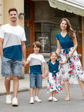 Family Matching Solid V Neck Flutter-sleeve Splicing Floral Print Dresses and Short-sleeve Colorblock T-shirts Sets Azure-