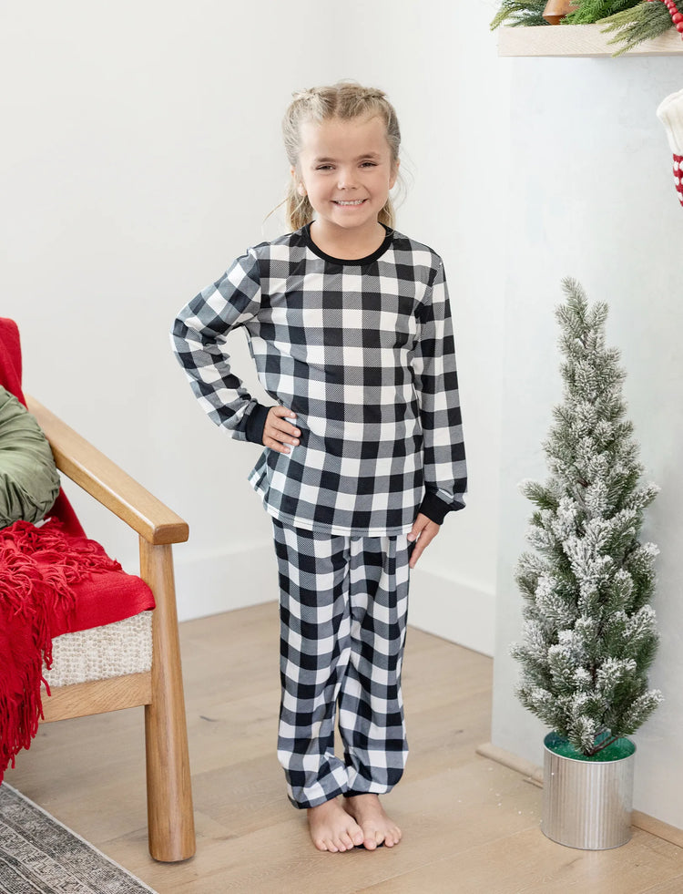 Christmas Matching Family Pajamas Set Allover Black Grid Print Long-sleeve PJS with Christmas Socks Black