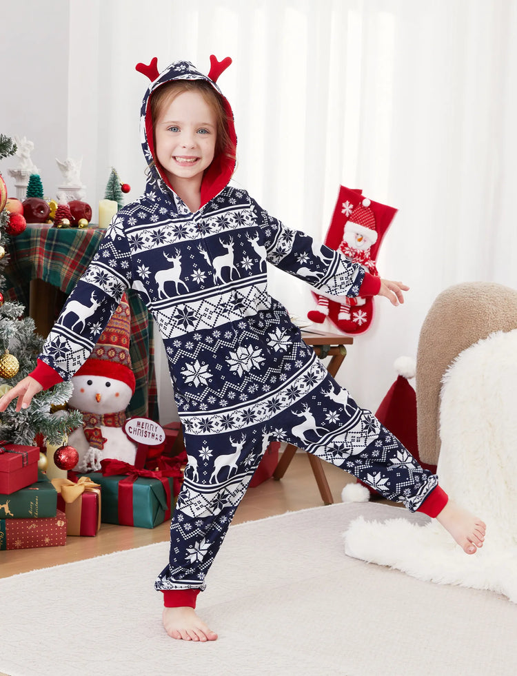 Christmas Matching Family Pajamas Set 3D Reindeer Hooded Allover Snowflake and Reindeer Print Dark Blue Onesie PJS with Christmas Socks blueblack