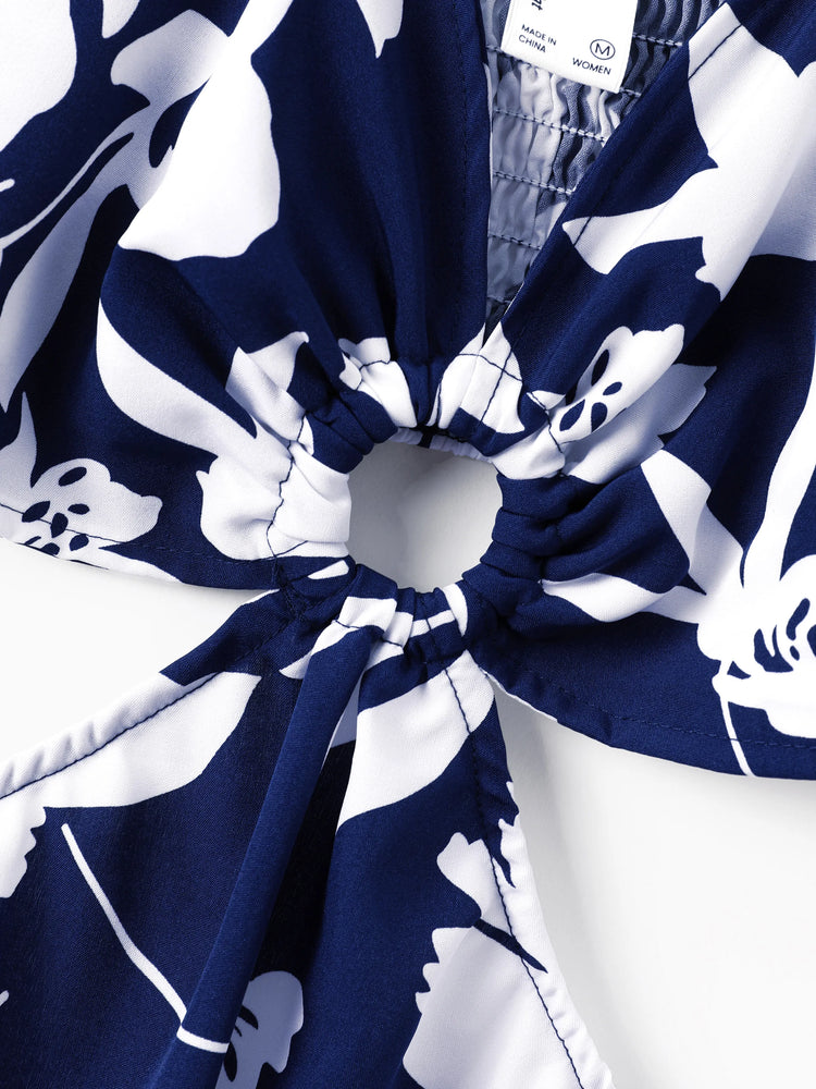 Ensemble familial assorti avec chemise à manches courtes ou robe froncée à imprimé feuilles bleu