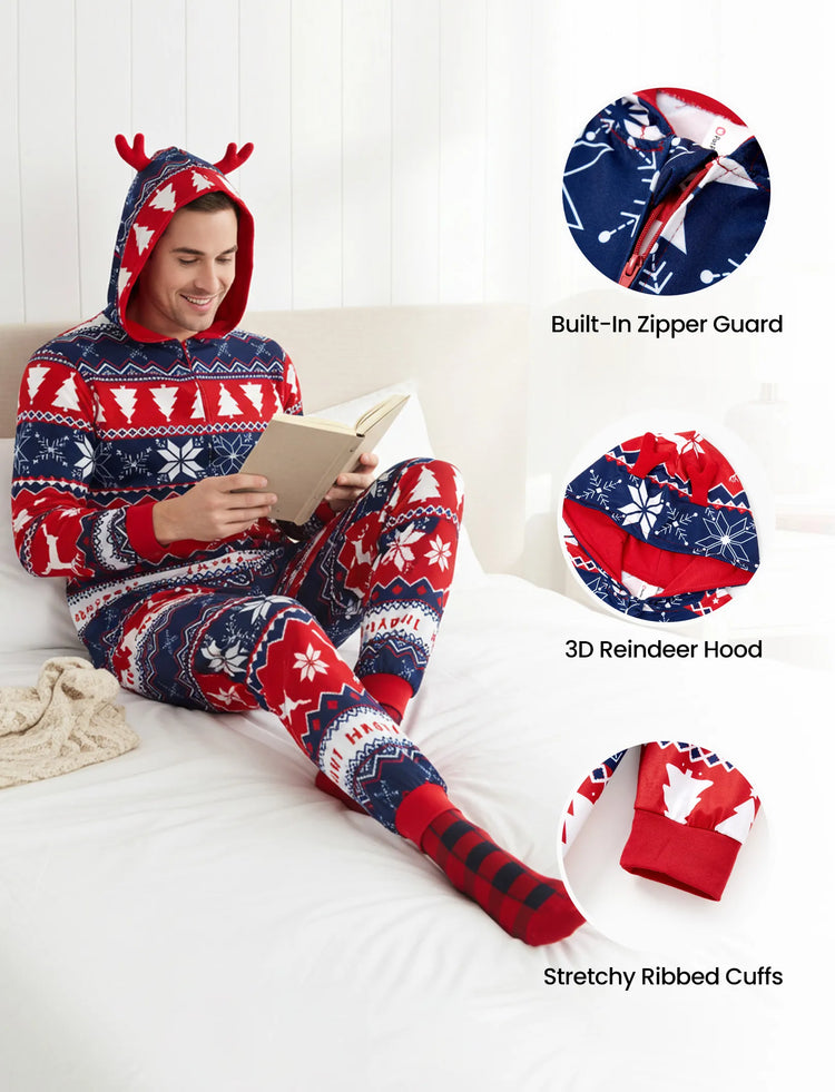 Christmas Matching Family Pajamas Set 3D Reindeer Hooded Allover Snowflake Print Red and Blue Onesie PJS with Christmas Socks Red-2