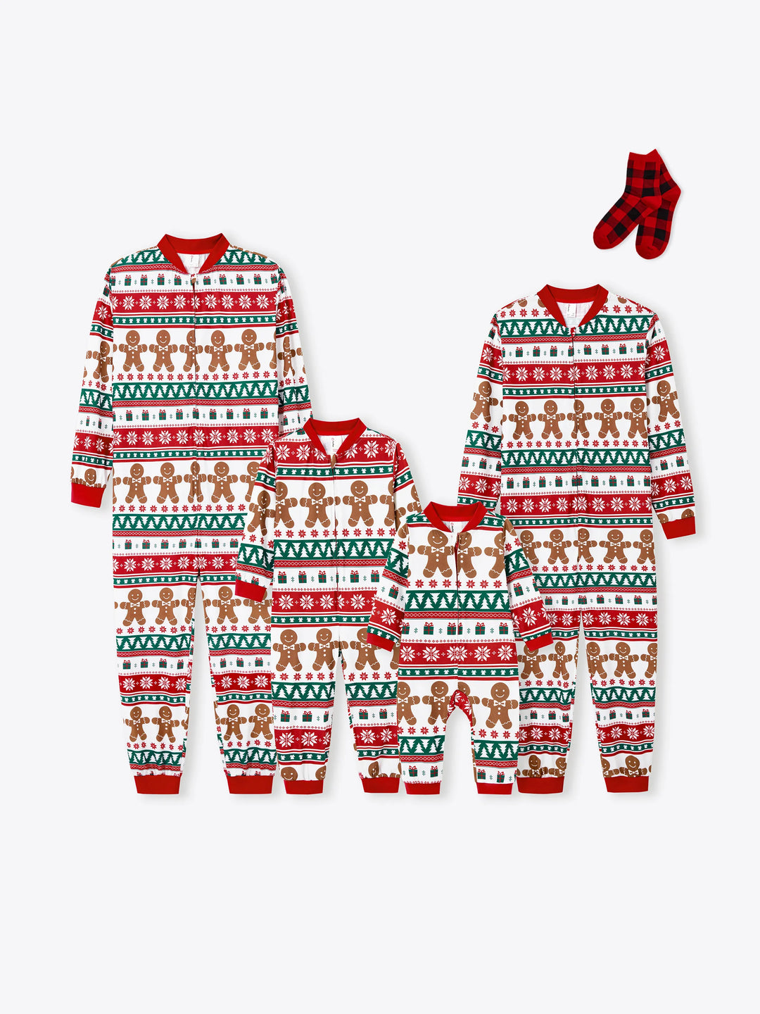 Conjunto de pijama familiar navideño a juego, pijama con estampado de cuadros navideños de jengibre y calcetines navideños rojos