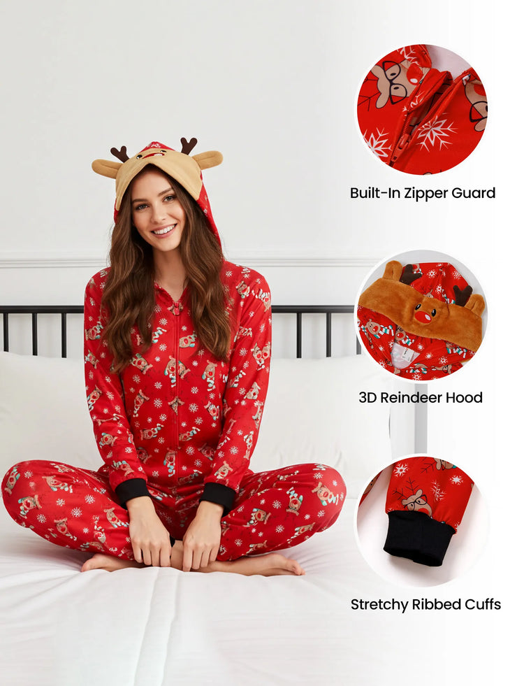 Christmas Matching Family Pajamas Set 3D Reindeer Hooded Allover Reindeer Print Onesie PJS with Christmas Socks Red