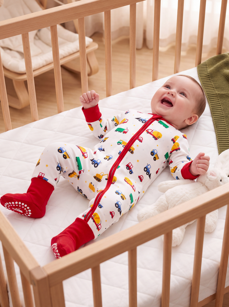 Bamboo Baby Boy/Girl Cartoon Printed 2-Way Zip Onesies Anti Slip Long-sleeve Footie Red