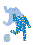 Baby 2-pack bamboo footed onesies with two-way zippers and anti-slip grips, solid and bee print, blue.