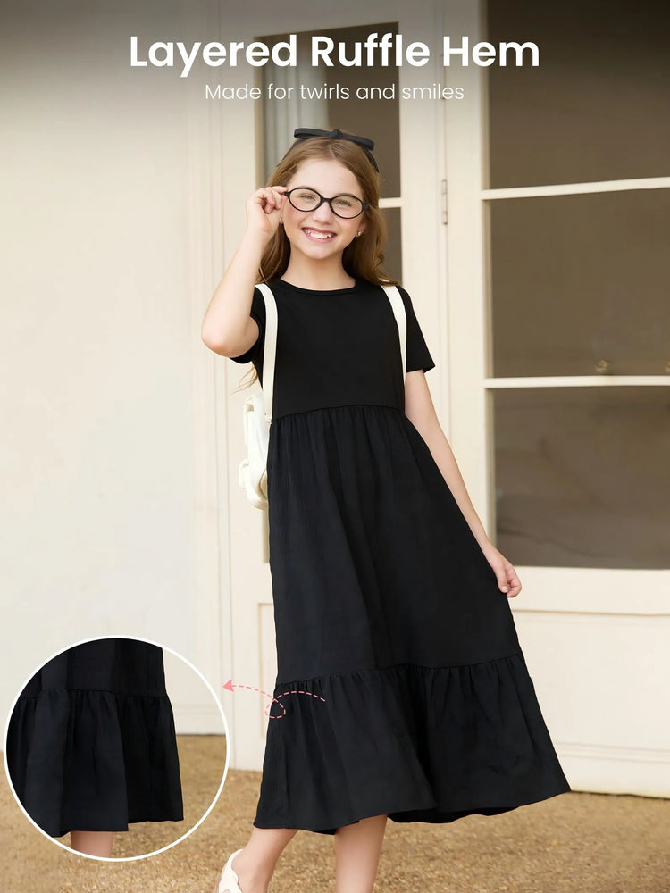 Robe longue décontractée à volants style bohème pour fille avec poches, noire