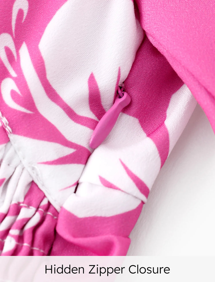 Disney Stitch Kid Girl Floral/Palm Tree Print Ruffled Babydoll Dress Hot Pink