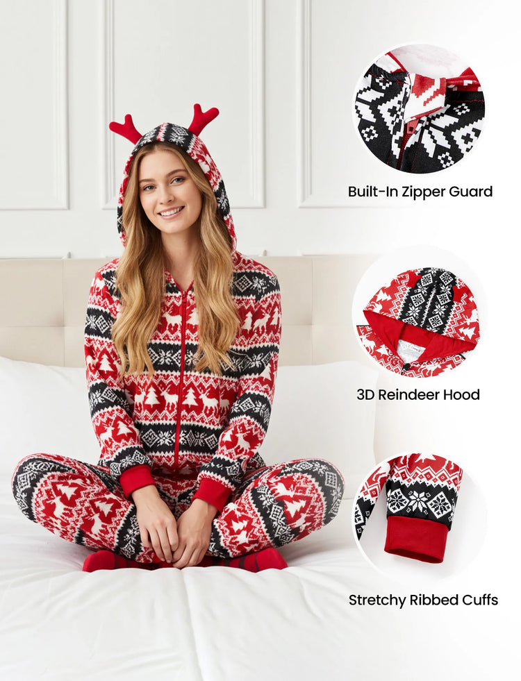 Christmas Matching Family Pajamas Set 3D Reindeer Hooded Allover Snowflake Print Onesie PJS with Christmas Socks red/black