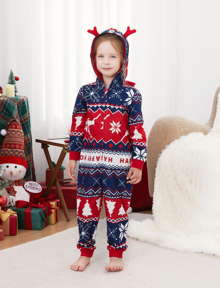 Christmas Matching Family Pajamas Set 3D Reindeer Hooded Allover Snowflake Print Red and Blue Onesie PJS with Christmas Socks Red-2
