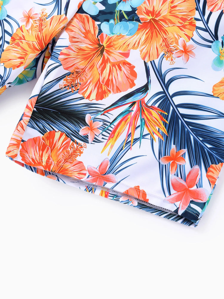Matching Family Swimwear Tropical Floral Bikini Set with Ruffle Top for Mom & Daughter, Board Shorts for Dad & Son, Bright Summer Beach Outfits Orange