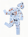 Bamboo Baby Boy/Girl Animal Printed 2-Way Zip Onesies Anti Slip Long-sleeve Footie with Hairband Royal Blue