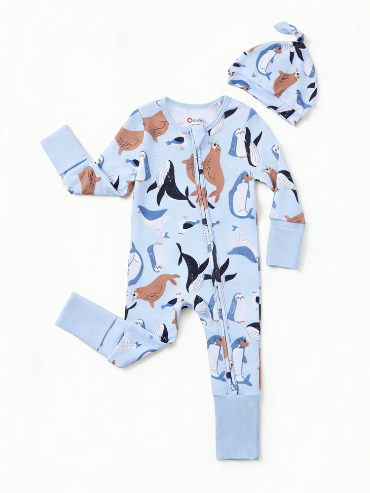 Bamboo Baby Boy/Girl Animal Printed 2-Way Zip Onesies Anti Slip Long-sleeve Footie with Hairband Royal Blue