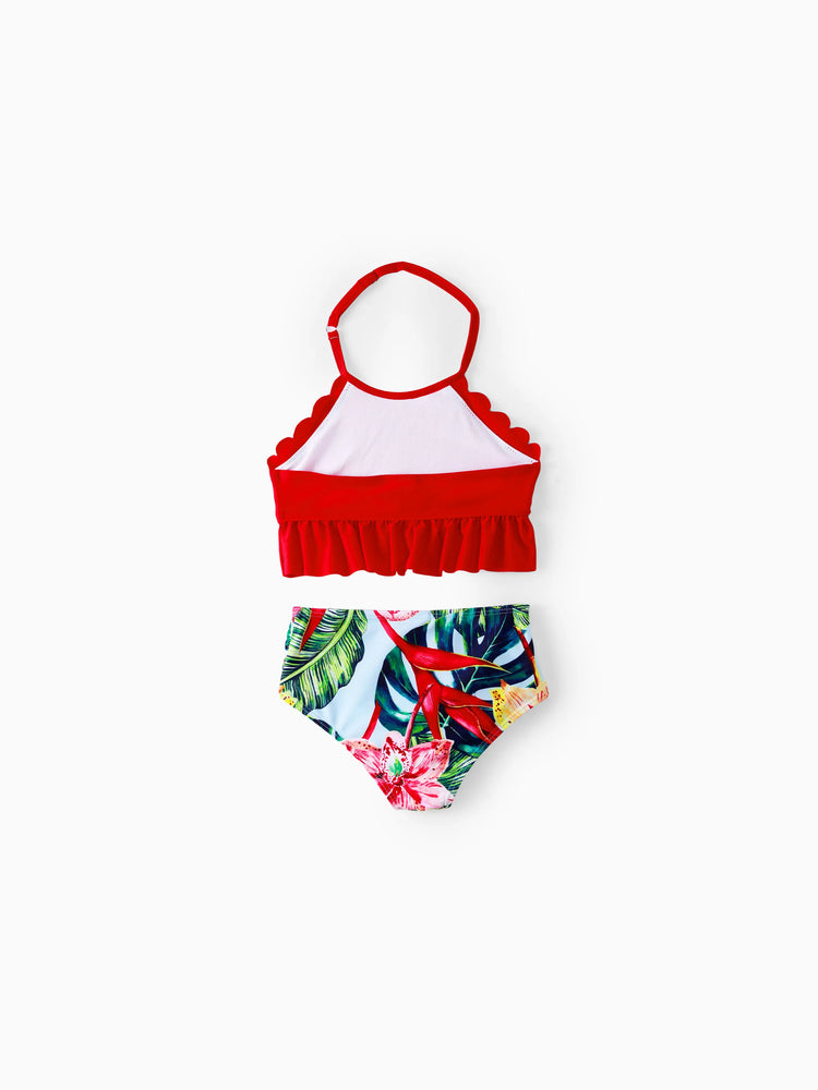 Family Matching Floral Drawstring Swim Trunks or Ruched Shell Edge Bikini with Optional Swim Cover Up Red