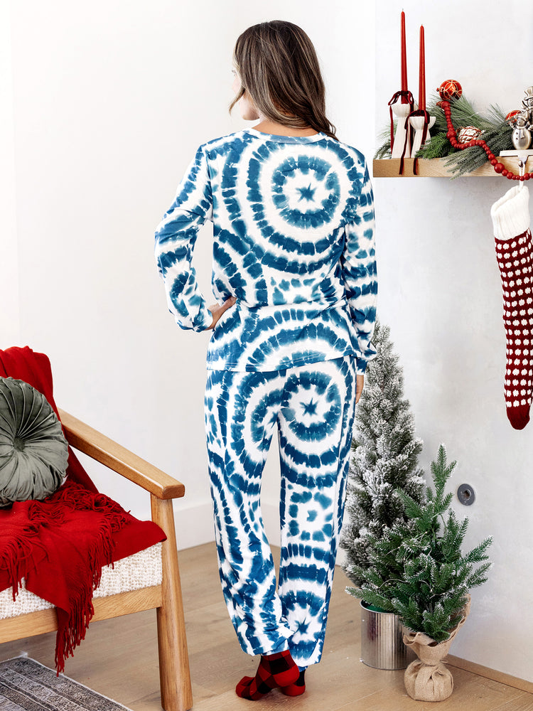 Christmas Matching Family Pajamas Set Tie-dye Snowman Print Blue PJS with Christmas Socks Deep Blue