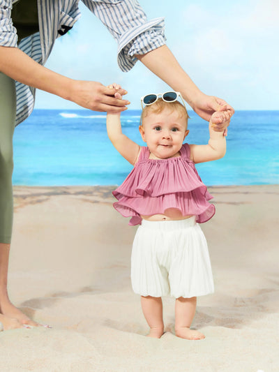 Conjunto elegante de camisola plisada y pantalones cortos de 2 piezas para bebé/niña pequeña Roseo