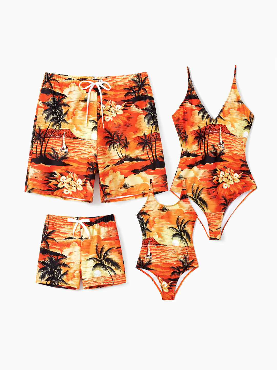 Trajes de baño hawaianos tropicales para papá e hija Naranja