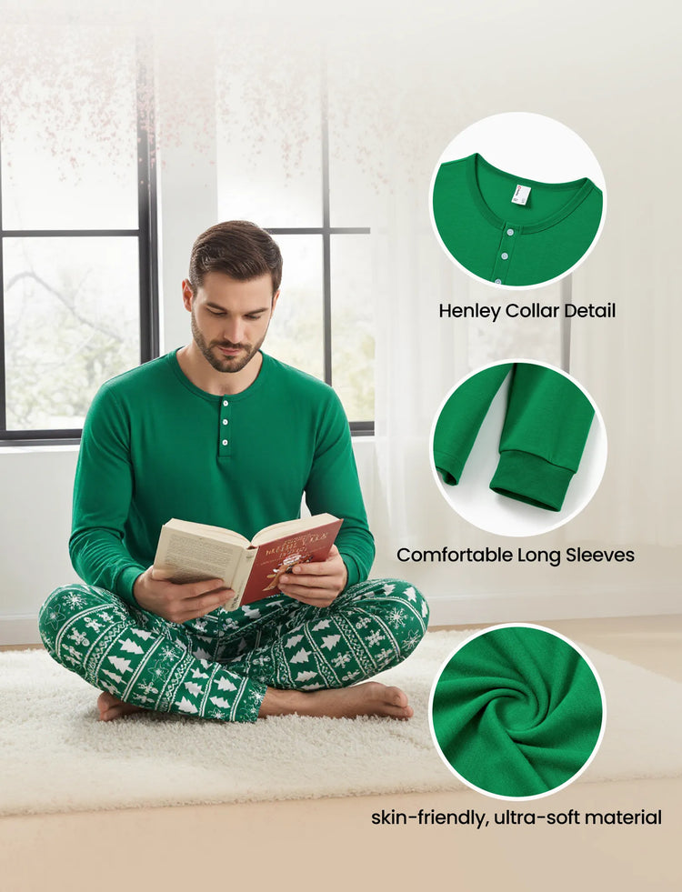 Christmas Matching Family Pajamas Set Gingerbread Man and Snowflake Pattern Long-sleeve Green PJS with Christmas Socks Dark Green