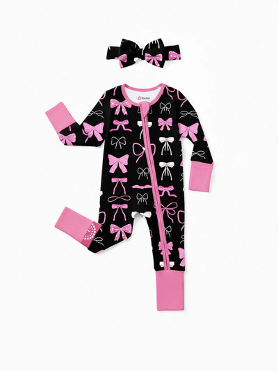 Bamboo Baby Girl Elegant Printed 2-Way Zip Onesies Anti Slip Long-sleeve Footie with Hairband Pink purple