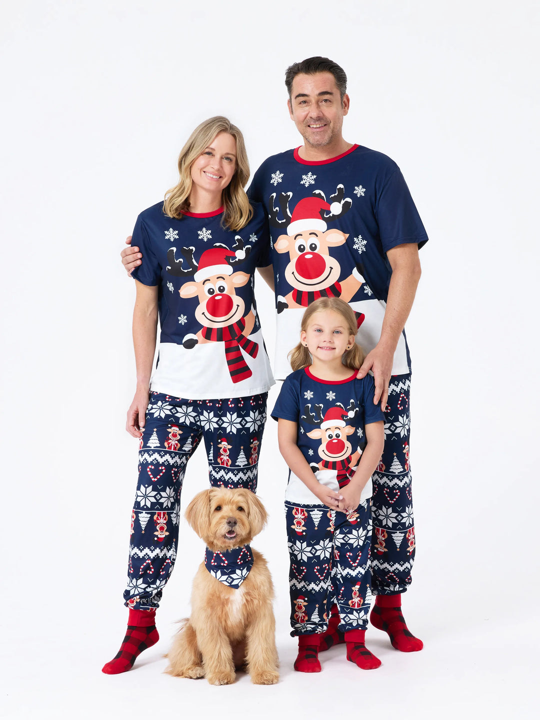 Weihnachten Passendes Familien-Pyjama-Set Rentier und Schneeflocken-Print PJS mit Weihnachtssocken tiefblau