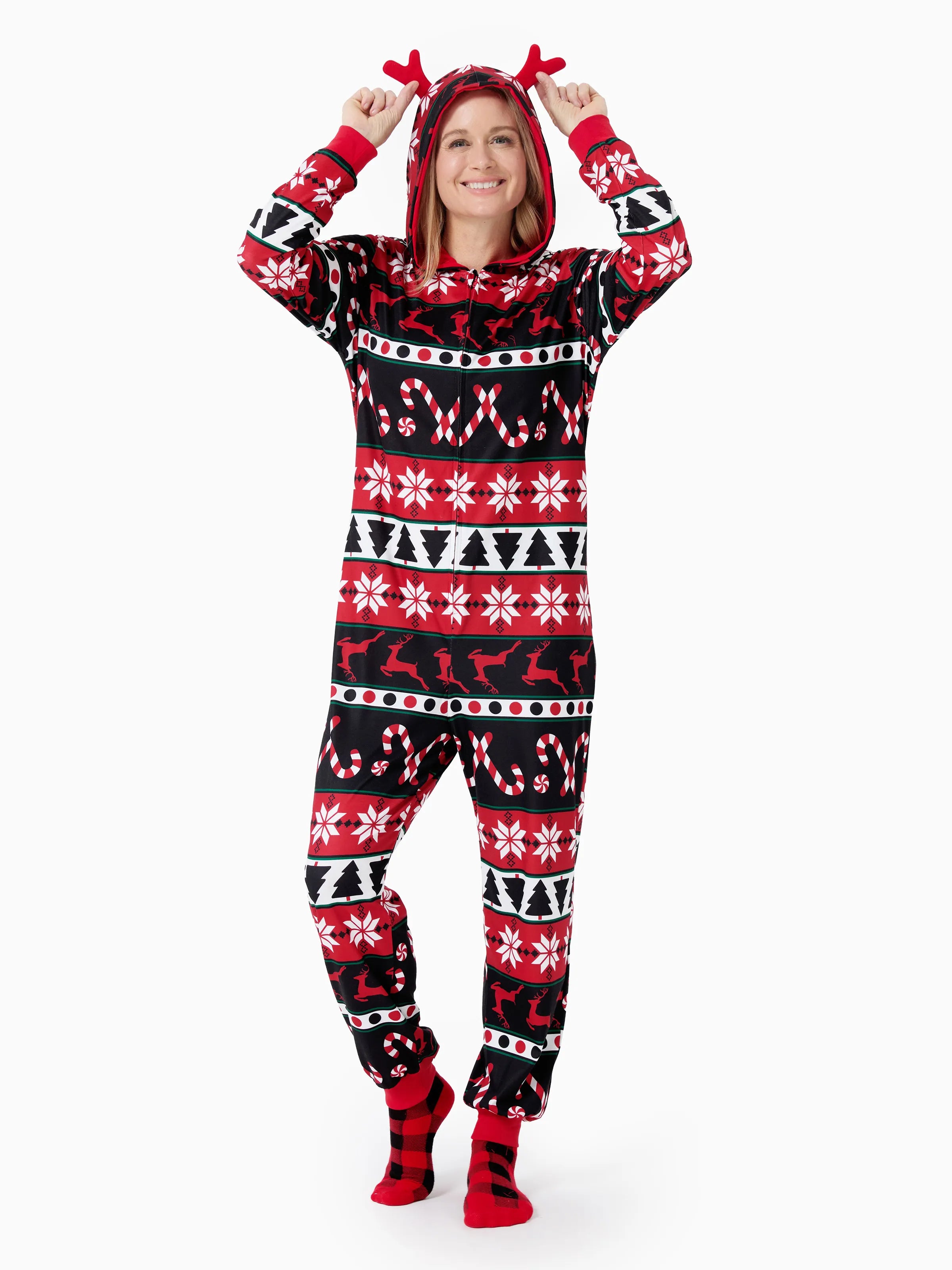 Christmas Pajamas 3D Reindeer Pattern Zipper Hooded Onesies