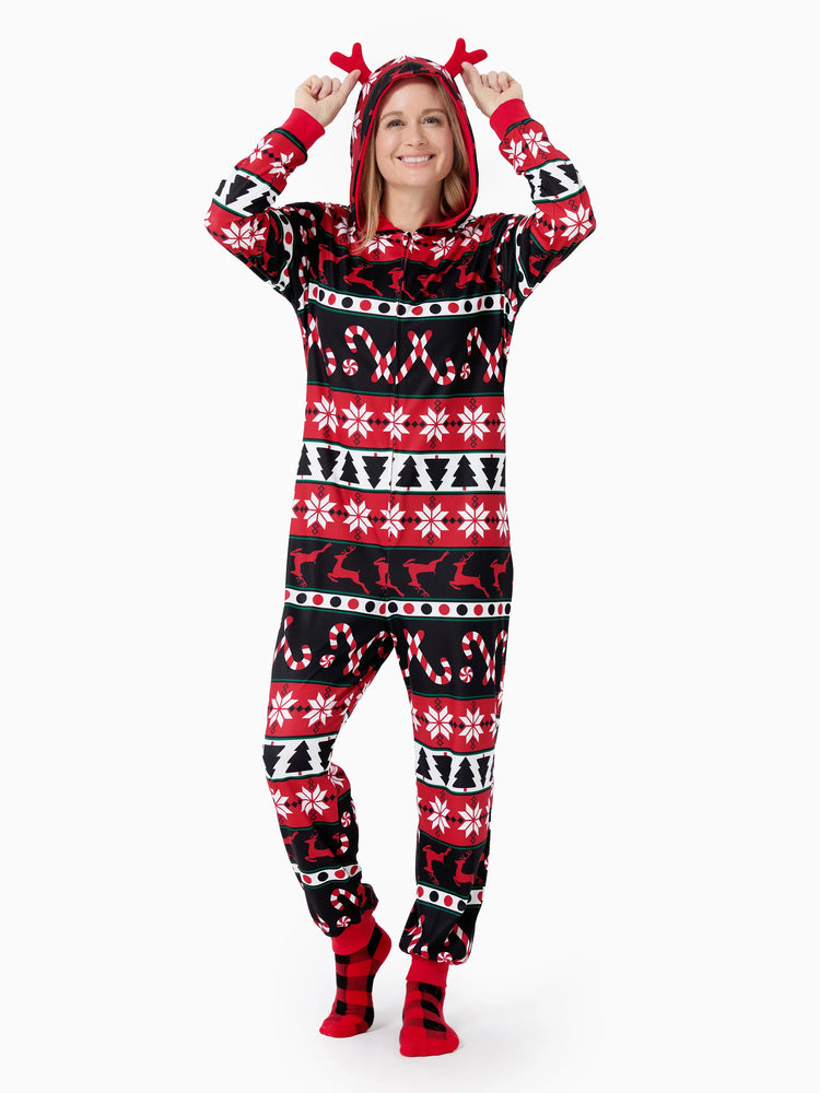 Pyjama de Noël à capuche et fermeture éclair, motif renne 3D, tenues familiales assorties, rouge/noir