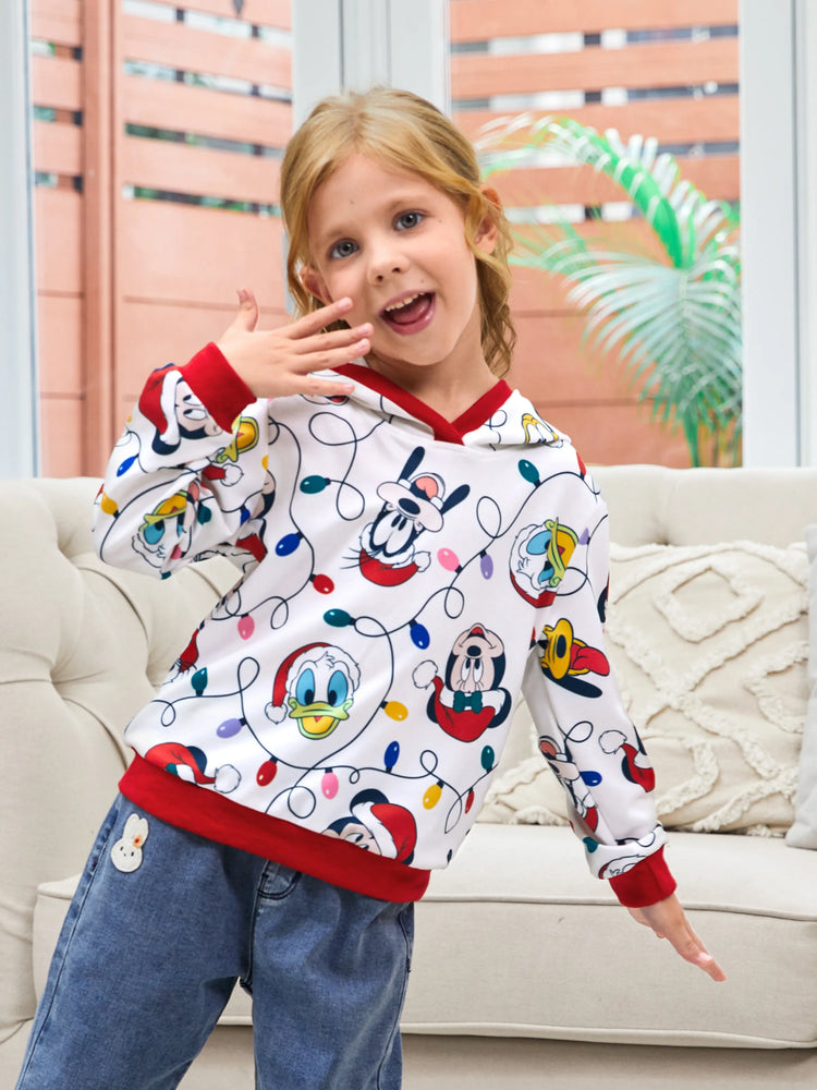 Disney Mickey and Friends Family Matching Christmas Character Allover Hooded Long-sleeve Sweatshirt REDWHITE