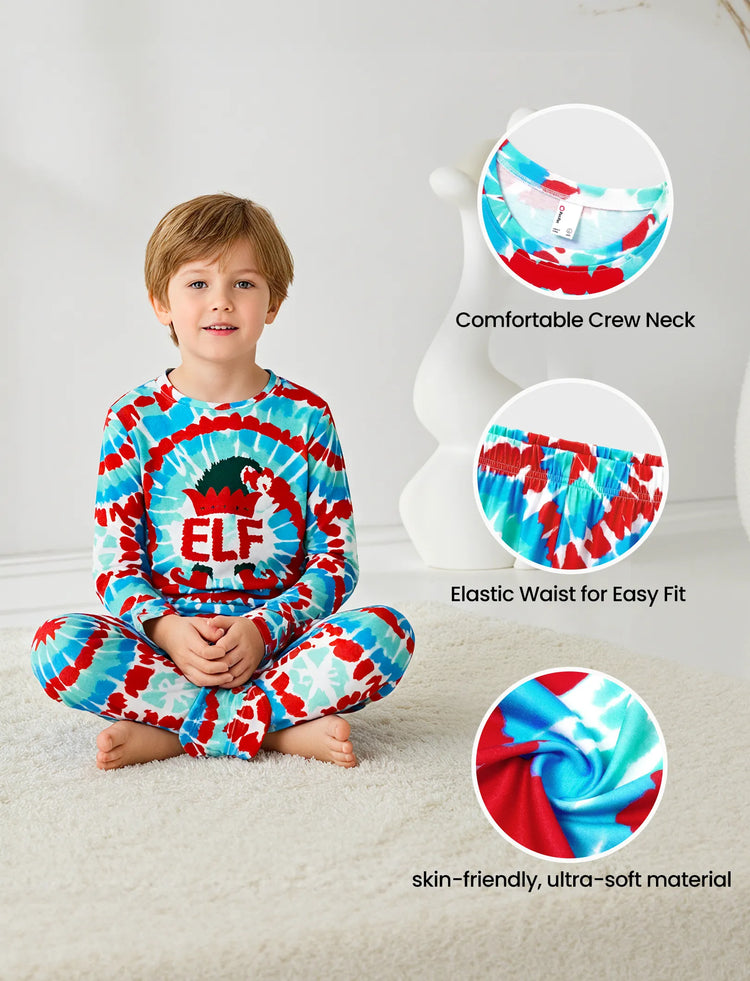 Christmas Matching Family Pajamas Set Christmas ELF Print Tie Dye Long-sleeve PJS with Christmas Socks Multi-color