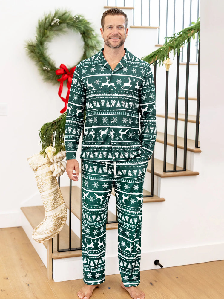 Christmas Matching Family Pajamas Set Allover Reindeer and Snowflake Print Long-sleeve Collared PJS with Christmas Socks Dark Green