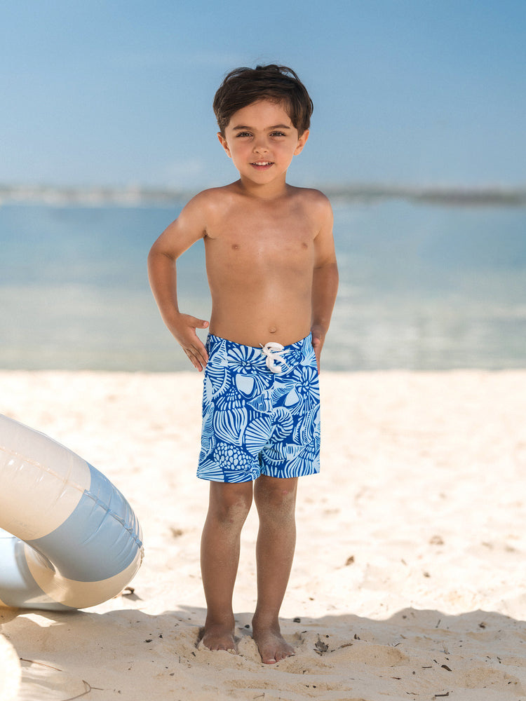 Matching Family Shell Print Swimwear Floral two-piece Bikini & Swim Shorts Set for Mom, Dad, & Kids, Perfect for Beach Days & Pool Parties Blue