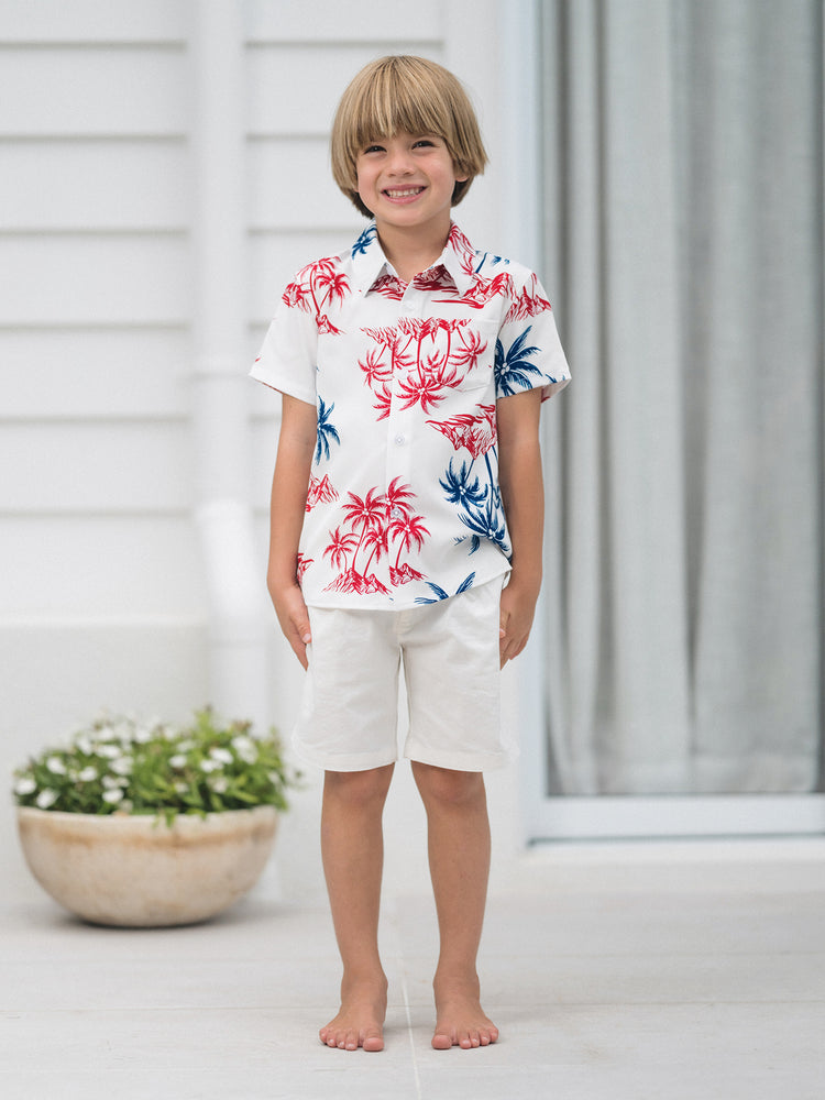 Independence Day Matching Family Outfits Red & Blue Palm Tree Print Hawaiian Vacation Clothes Summer Beach Shirt & Dress Set Multi-color