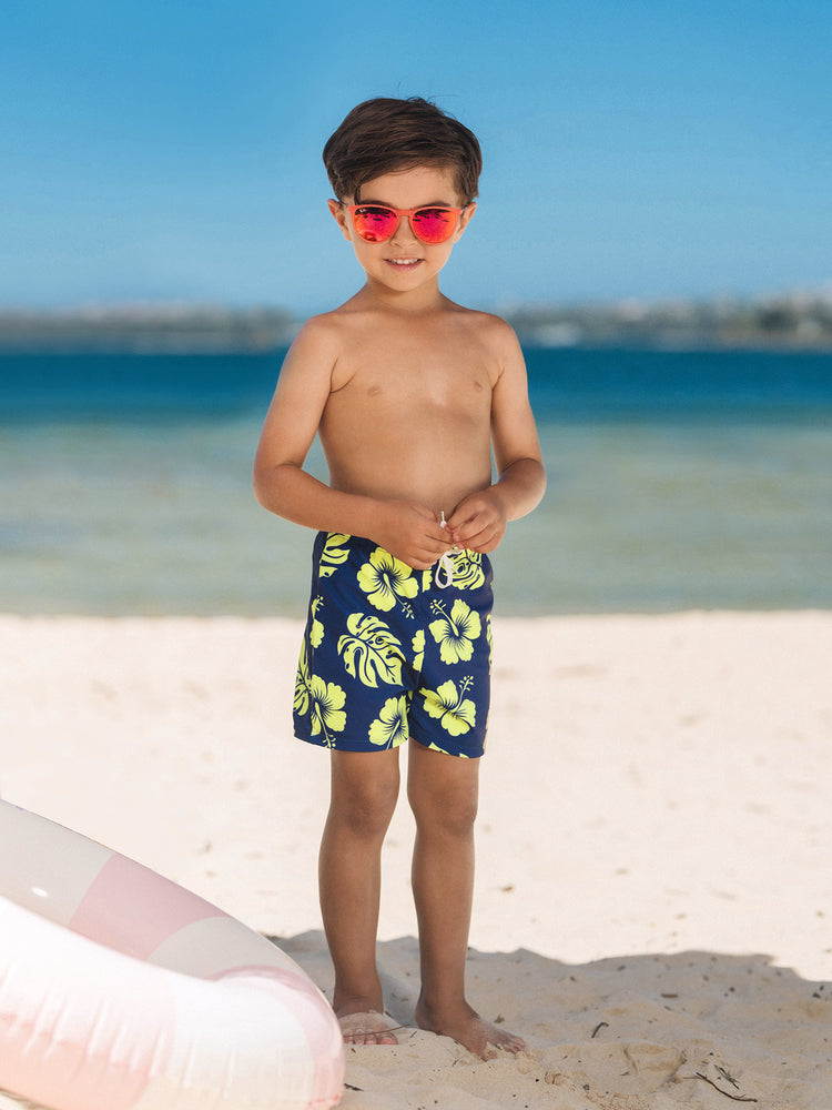 Family Matching Tropical Floral Swimsuits Halter Bikini & Swim Trunks Set Deep Blue