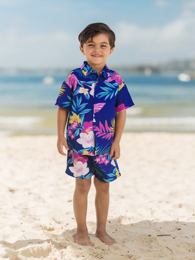 Matching Family Hawaiian Outfits Tropical Floral Print Strap Dress or Short-sleeve Shirts & Shorts Set Summer Beachwear Set for Vacation Deep Blue
