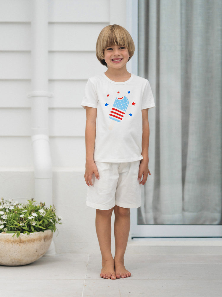 Independence Day Family Matching Patriotic Ice Cream Print Summer Cotton T-shirt & V-Neck Dresses White