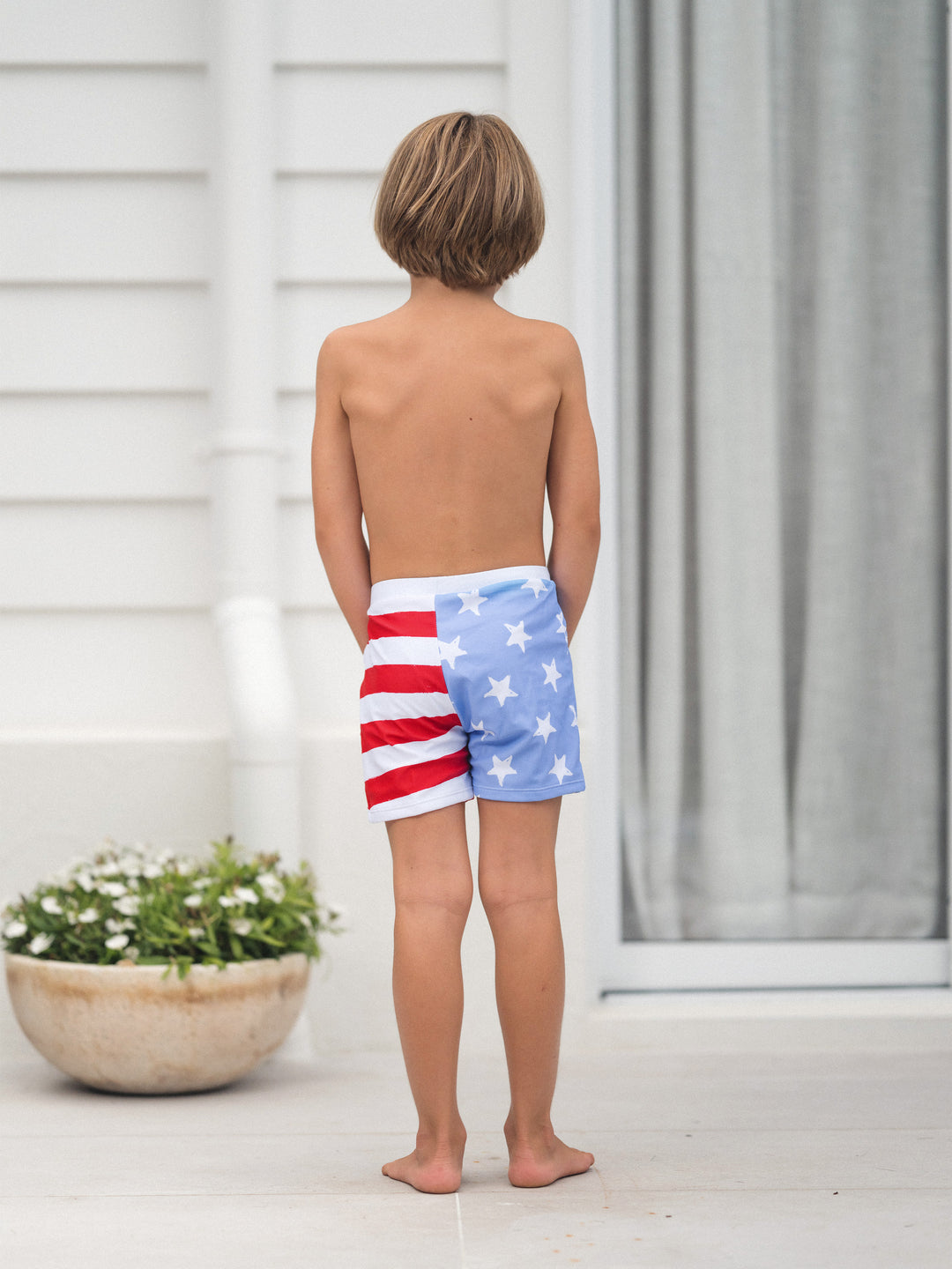Unabhängigkeitstag 4. Juli Familie Passende patriotische Bademode Stars and Stripes Boardshorts oder gerüschte Schichten Badeanzüge mit V-Ausschnitt Einteilige Badeanzüge blau