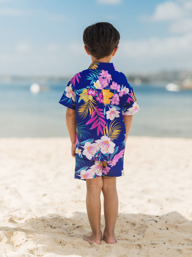 Matching Family Hawaiian Outfits Tropical Floral Print Strap Dress or Short-sleeve Shirts & Shorts Set Summer Beachwear Set for Vacation Deep Blue