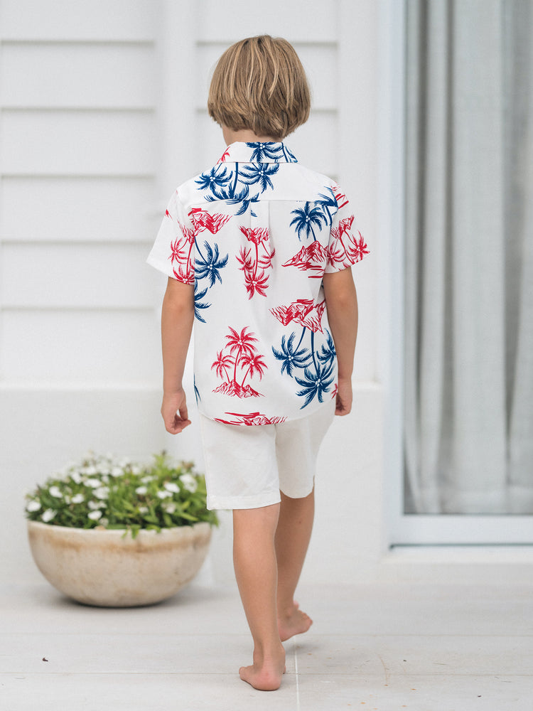 Independence Day Matching Family Outfits Red & Blue Palm Tree Print Hawaiian Vacation Clothes Summer Beach Shirt & Dress Set Multi-color