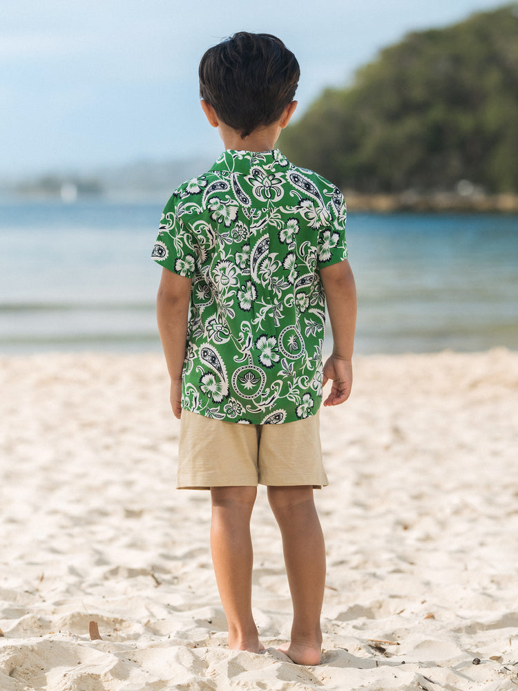 Family Matching Outfits Set Floral Print Short-sleeve Collar Shirt or Strappy Smocked  Dress for Summer Vacation  Green