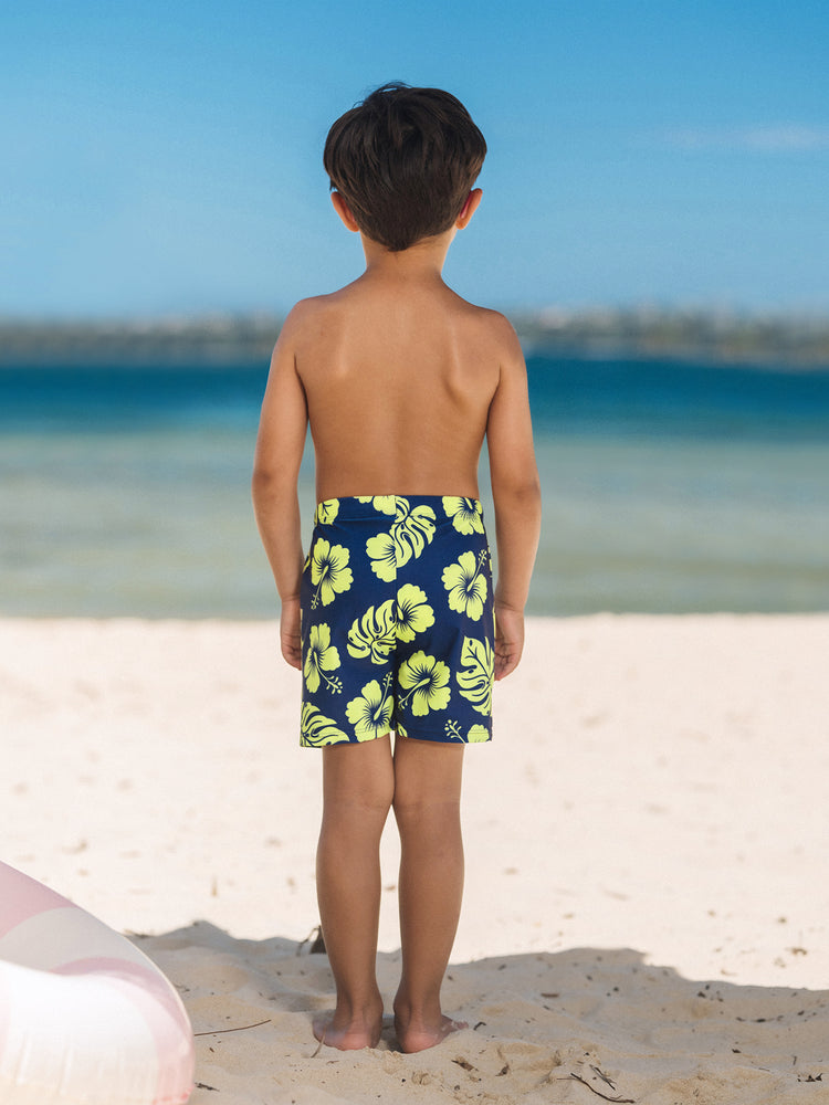 Family Matching Tropical Floral Swimsuits Halter Bikini & Swim Trunks Set Deep Blue