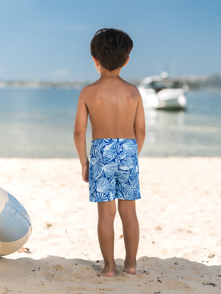 Matching Family Shell Print Swimwear Floral two-piece Bikini & Swim Shorts Set for Mom, Dad, & Kids, Perfect for Beach Days & Pool Parties Blue